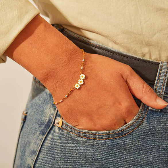 Wholesale Women's 925 Sterling Silver Daisy Flower Color Enamel Geometric Electroplated Bracelet