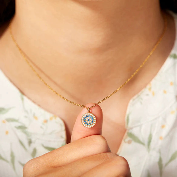 Wholesale Women's 925 Sterling Silver Evil Eye Disc Pendant Necklace With Geometric Pattern And Ochain Electroplating