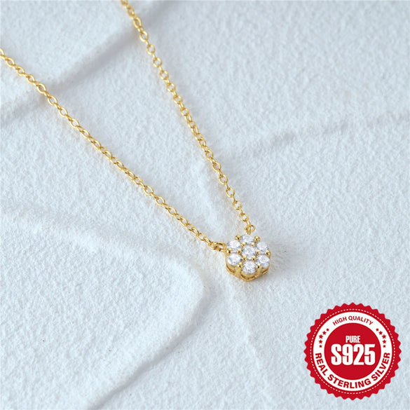 Wholesale Women's Sterling Silver 925 Flower Necklace With Small Round Zircon Diamonds Gold Plated O Chain Electroplated