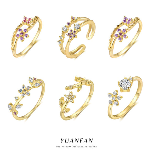 Wholesale Women's 925 Sterling Silver Flower Open Adjustable Ring With Colored Zirconium In Light Luxury Style