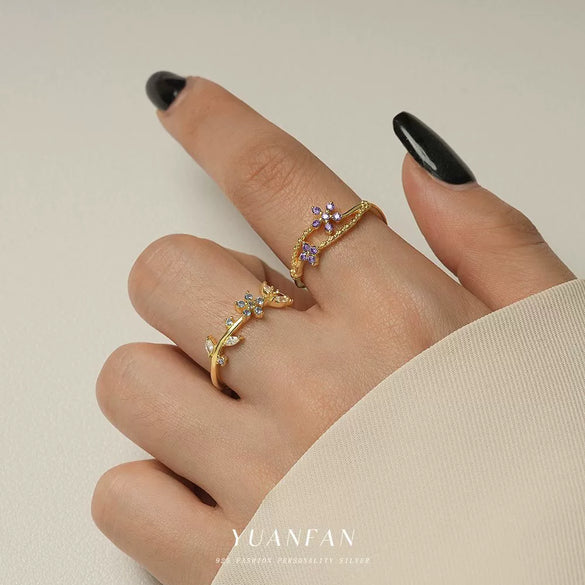 Wholesale Women's 925 Sterling Silver Flower Open Adjustable Ring With Colored Zirconium In Light Luxury Style