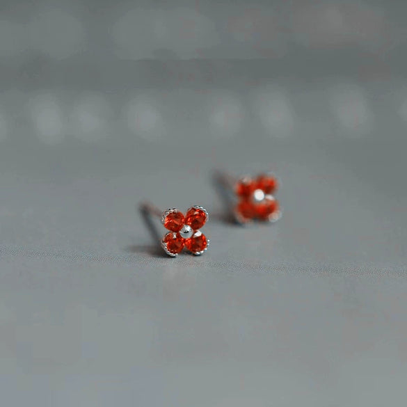 Wholesale Women's 925 Sterling Silver Flower Stud Earrings With Red Diamond And Red Corundum 14K Gold Plated