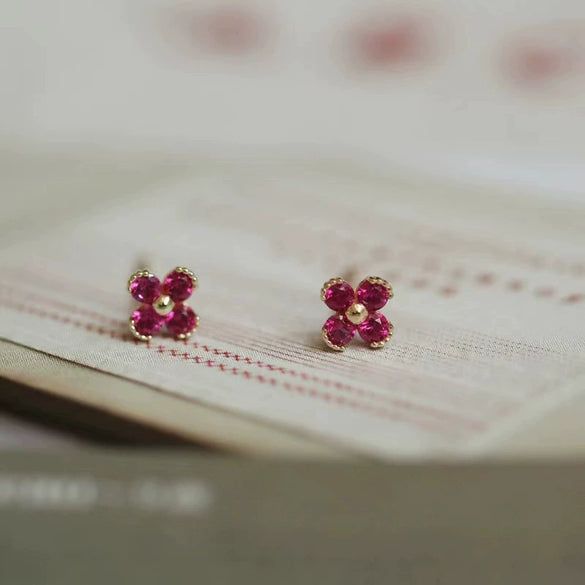 Wholesale Women's 925 Sterling Silver Flower Stud Earrings With Red Diamond And Red Corundum 14K Gold Plated