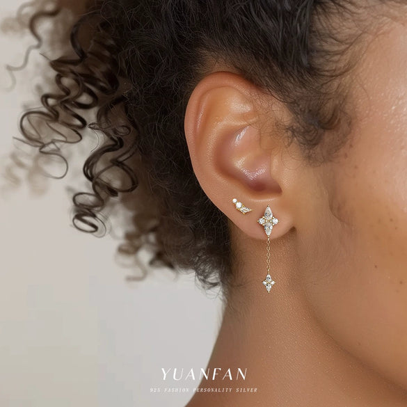 Wholesale Women's 925 Sterling Silver Geometric Diamond Design Round Head Earrings