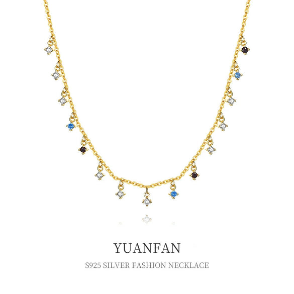 Wholesale Women's 925 Sterling Silver Geometric Mixed Gem Inlay Precious Stones Set Cross Chain Niche Style Clavicle Necklace