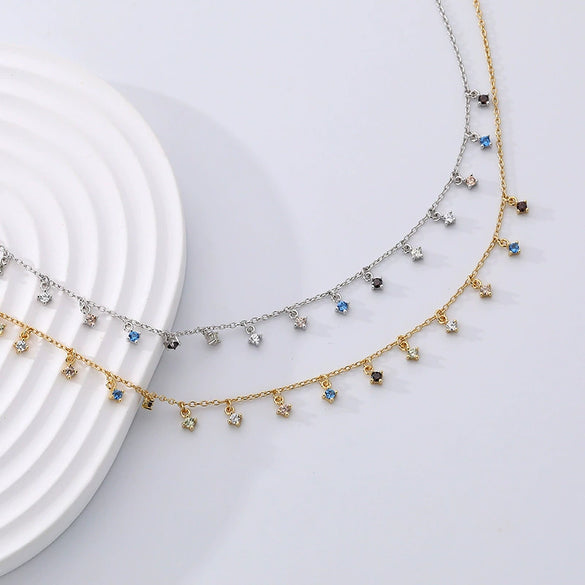 Wholesale Women's 925 Sterling Silver Geometric Mixed Gem Inlay Precious Stones Set Cross Chain Niche Style Clavicle Necklace