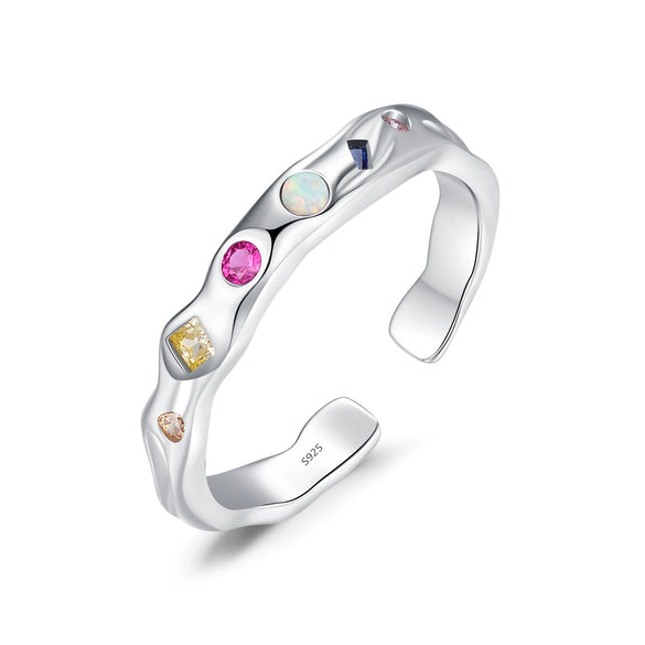 Wholesale Women's 925 Sterling Silver Geometric Rainbow Irregular Liquid Ring With Gem Inlaid Design