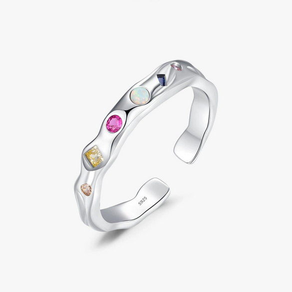 Wholesale Women's 925 Sterling Silver Geometric Rainbow Irregular Liquid Ring With Gem Inlaid Design