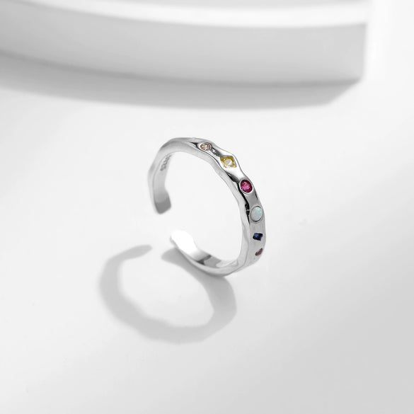 Wholesale Women's 925 Sterling Silver Geometric Rainbow Irregular Liquid Ring With Gem Inlaid Design