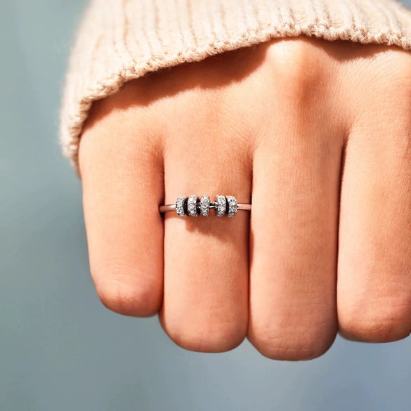 Wholesale Women's 925 Sterling Silver Geometric Rotating Anxiety Beads Color Zircon Ring With Electroplating