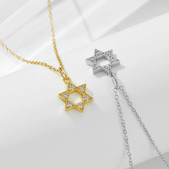 Wholesale Women's 925 Sterling Silver Geometric Sixpointed Star Hollow Pendant Necklace With 14K Gold Plated Diamond Cross Chain