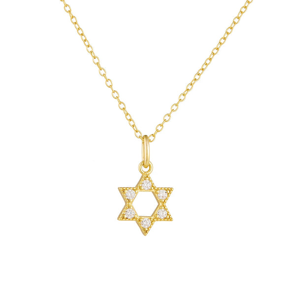 Wholesale Women's 925 Sterling Silver Geometric Sixpointed Star Hollow Pendant Necklace With 14K Gold Plated Diamond Cross Chain