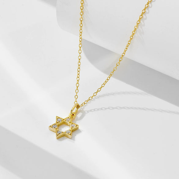 Wholesale Women's 925 Sterling Silver Geometric Sixpointed Star Hollow Pendant Necklace With 14K Gold Plated Diamond Cross Chain
