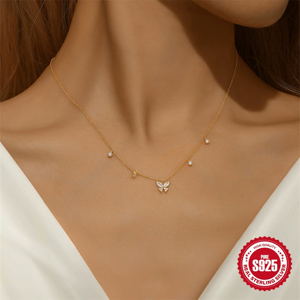 Wholesale Women's 925 Sterling Silver Hot Butterfly Geometric Patterned Stacked Clavicle Chain With Electroplating O Word Chain Necklace