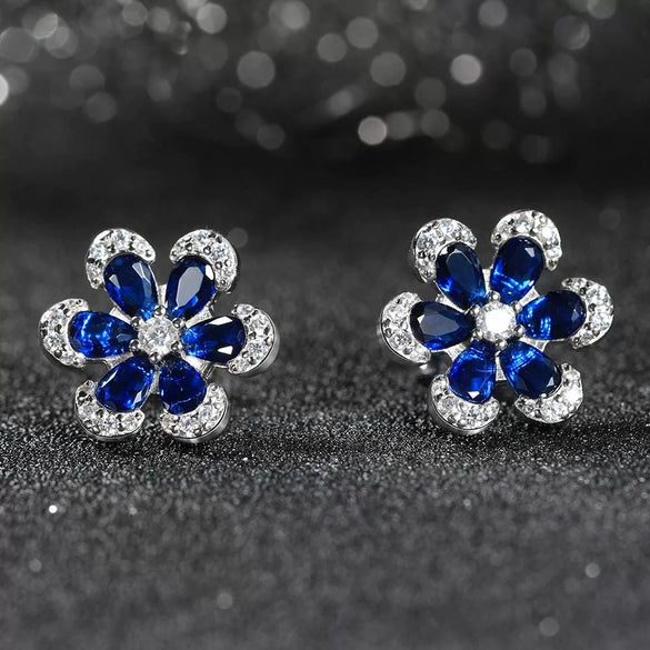 Wholesale Women's 925 Sterling Silver Inlaid Artificial Sapphire Geometric Flower Stud Earrings