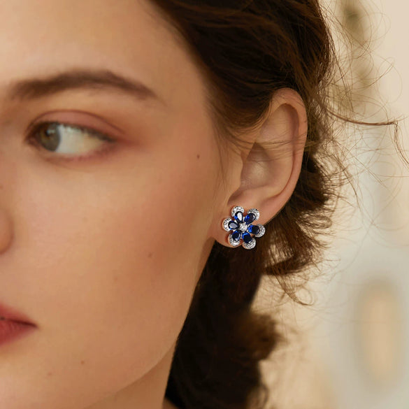Wholesale Women's 925 Sterling Silver Inlaid Artificial Sapphire Geometric Flower Stud Earrings