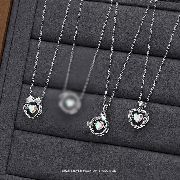 Wholesale Women's 925 Sterling Silver Inlaid Zircon Geometric Heart And Dropshaped Pendant Cross Chain Necklace