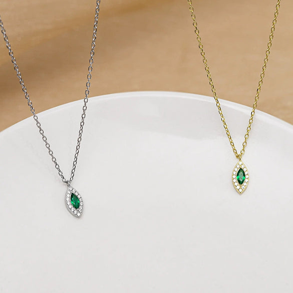 Wholesale Women's Sterling Silver 14K Gold Plated Emerald Rhombus Pendant Ochain Necklace With Eye Of Horus Retro Design