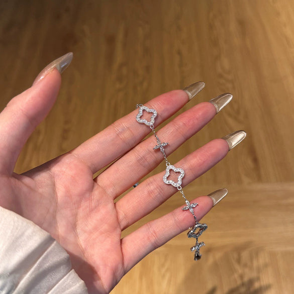 Wholesale Women's 925 Sterling Silver Light Luxury Style Fourleaf Clover Hollow Bracelet With Horse Eye Stone And Electroplating