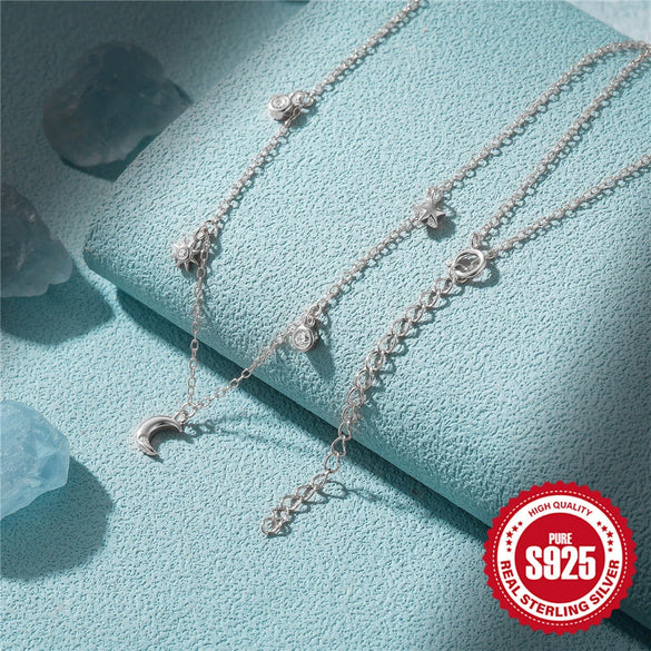 Wholesale Women's 925 Sterling Silver Minimalist Geometric Star Moon Diamondembedded Clavicle Necklace With Electroplating