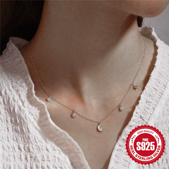 Wholesale Women's 925 Sterling Silver Minimalist Geometric Star Moon Diamondembedded Clavicle Necklace With Electroplating