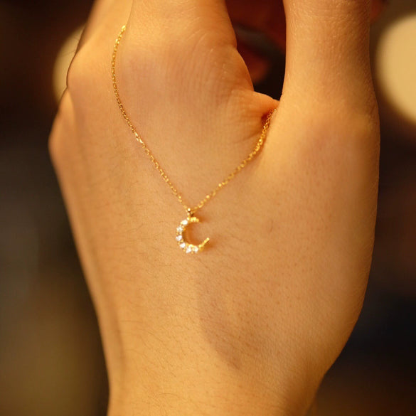 Wholesale Women's Sterling Silver Moon Necklace With Micropaved Zircon And Geometric Pattern 14K Gold Plated