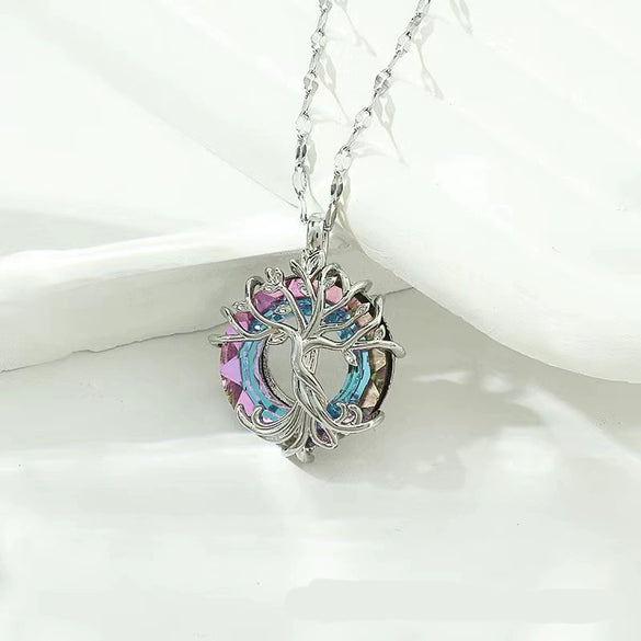 Wholesale Women's Sterling Silver 925 Ochain Crystal Tree Of Life Geometric Style Necklace With Electroplating