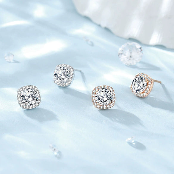 Wholesale Women's 925 Sterling Silver Square Earrings With Geometric Pattern And Mosan Diamond