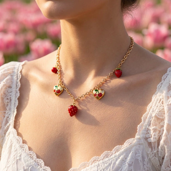 Wholesale Women's Strawberry And Heart Shape Alloy Electroplated Pendant Necklace In Cute Country Style
