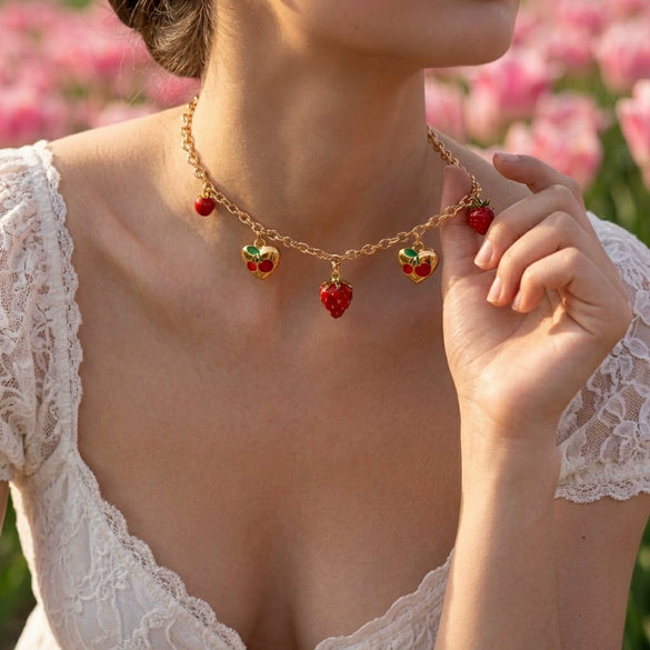 Wholesale Women's Strawberry And Heart Shape Alloy Electroplated Pendant Necklace In Cute Country Style