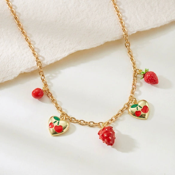 Wholesale Women's Strawberry And Heart Shape Alloy Electroplated Pendant Necklace In Cute Country Style