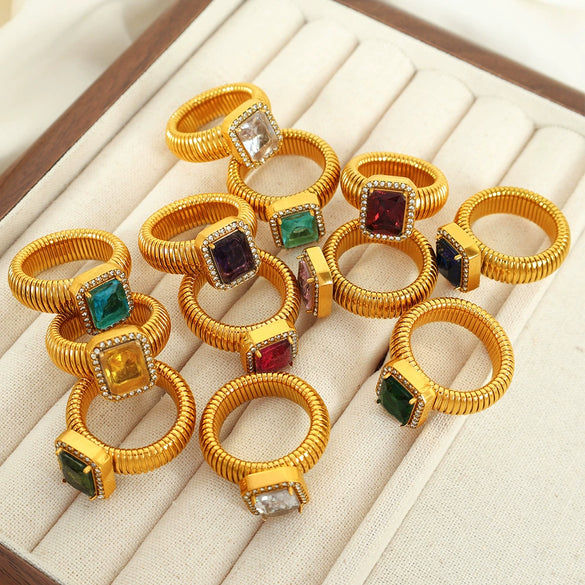 Wholesale Women's Street Style Geometric Zircon 316L Stainless Steel 18K Gold Plated Nonfading Ring Jewelry