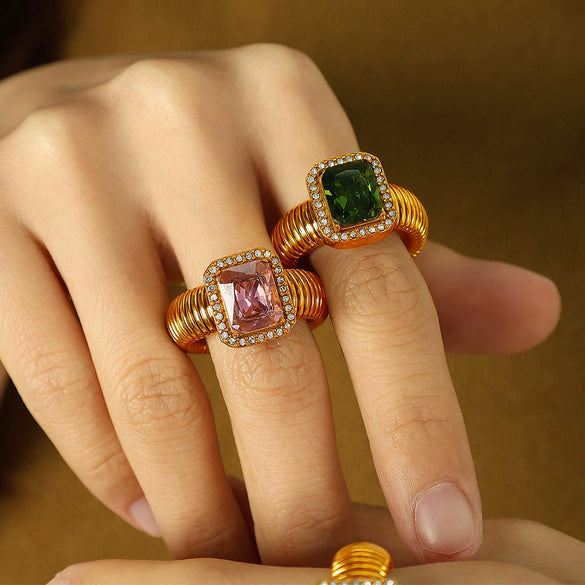 Wholesale Women's Street Style Geometric Zircon 316L Stainless Steel 18K Gold Plated Nonfading Ring Jewelry