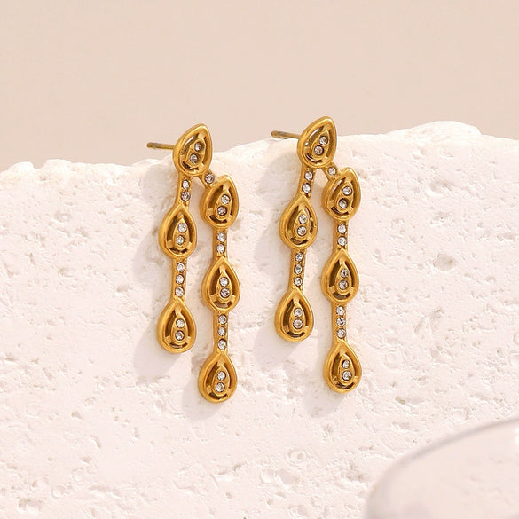 Wholesale Women's Stylish Minimalist Personality Stainless Steel Electroplated 18K Gold Drop Shape Zircon Earrings