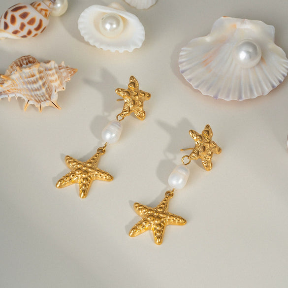 Wholesale Women's Summer Starfish Pearl Earrings Stainless Steel Pvd Furnace Vacuum Real Gold Plated