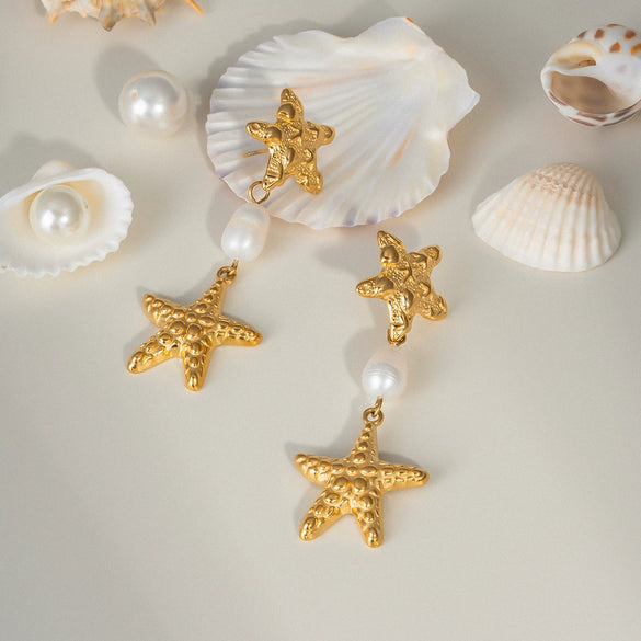 Wholesale Women's Summer Starfish Pearl Earrings Stainless Steel Pvd Furnace Vacuum Real Gold Plated