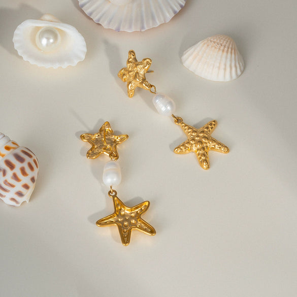 Wholesale Women's Summer Starfish Pearl Earrings Stainless Steel Pvd Furnace Vacuum Real Gold Plated