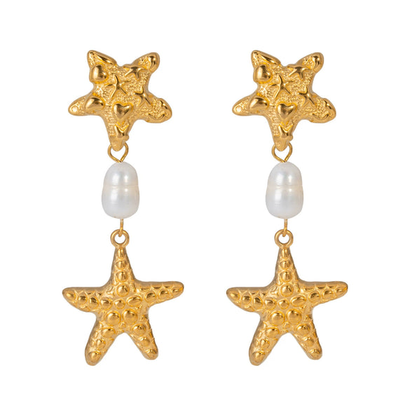 Wholesale Women's Summer Starfish Pearl Earrings Stainless Steel Pvd Furnace Vacuum Real Gold Plated