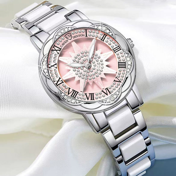 Wholesale Women's Sunflower Ceramic Quartz Watch With Alloy Strap Stainless Steel Buckle Mineral Reinforced Glass Mirror Round Dial And Spiral Crown