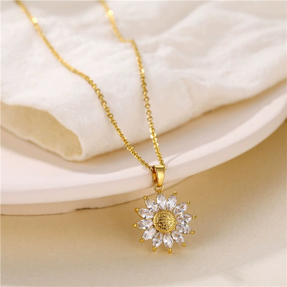 Wholesale Women's Sunflower Zircon Pendant Necklace In Pastoral Style With Diamond Design Made Of Titanium Steel And Brass