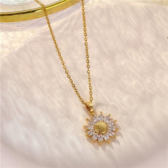 Wholesale Women's Sunflower Zircon Pendant Necklace In Pastoral Style With Diamond Design Made Of Titanium Steel And Brass