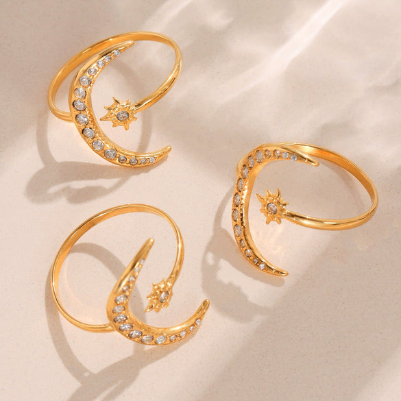 Wholesale Women's Super Flash Geometric Stainless Steel Ring With Star And Moon Design Electroplated Hand Jewelry