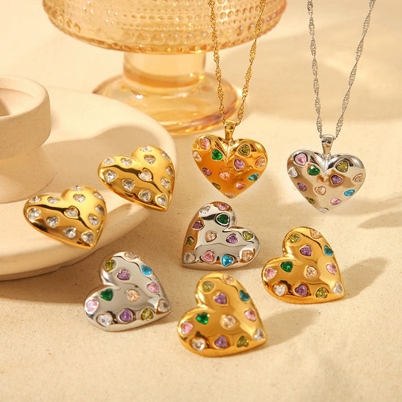 Wholesale Women's Sweet And Cool Geometric Heart Pendant Stainless Steel 18K Goldplated Necklace Earrings Jewelry Set
