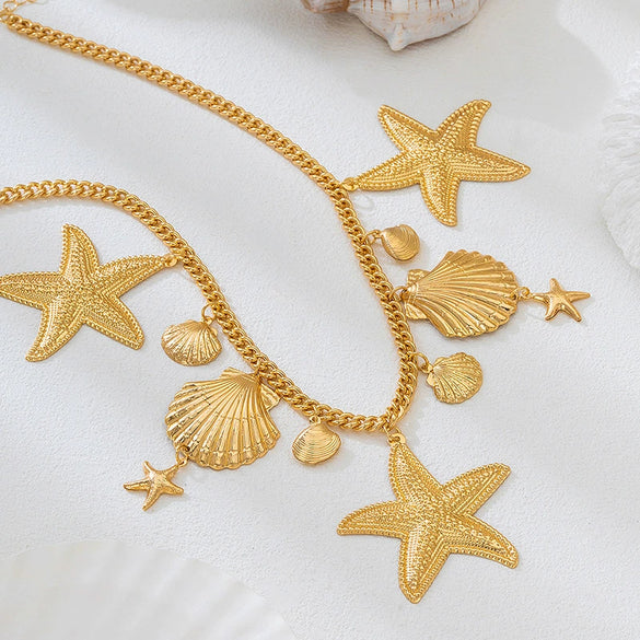 Wholesale Women's Sweet And Cool Style Flower Shape Alloy Zinc Alloy Electroplated Starfish Ocean Element Shell Necklace Choker Jewelry