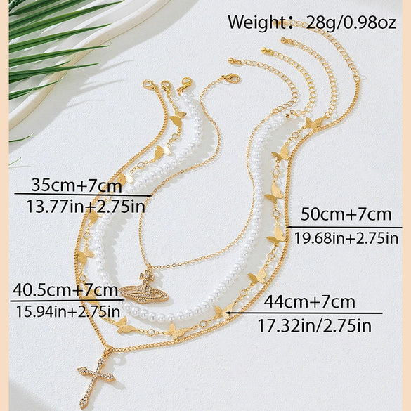 Wholesale Women's Sweet And Cool Style Flowershaped Alloy Electroplated Pearl Chain Necklace Set Highend Jewelry Accessories