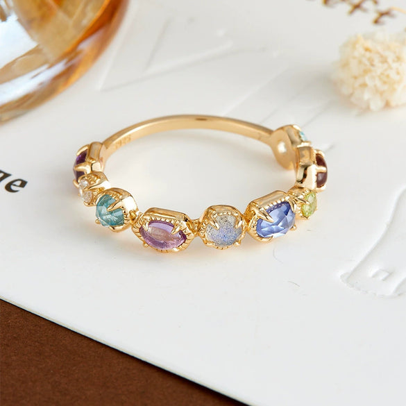 Wholesale Women's Sweet And Cool Style Multicolored Natural Crystal S925 Silver Ring With Polished Electroplating
