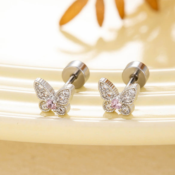 Wholesale Women's Sweet Animal Style Butterfly Inlaid Zircon Copper Titanium Steel Perforated Earrings
