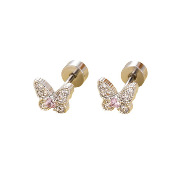 Wholesale Women's Sweet Animal Style Butterfly Inlaid Zircon Copper Titanium Steel Perforated Earrings