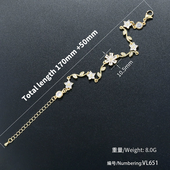 Wholesale Women's Sweet Copper Inlaid Zirconium Five Leaf Flower Bracelet