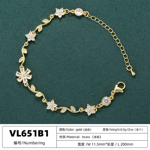 Wholesale Women's Sweet Copper Inlaid Zirconium Five Leaf Flower Bracelet